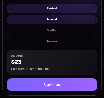 Ethamor payment screen showing an amount to send and a continue button