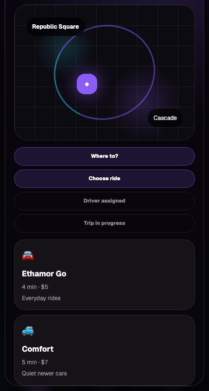 Ethamor ride selection screen showing a map and ride tiers from $5